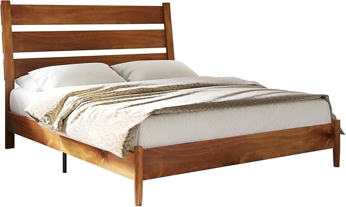 AMERLIFE Solid Wood Bed Frame Full Size, Mid Century Platform Beds with Reclining Slatted Headboard, Wood Slat Support/No Box Spring Needed/Noise Free, Light Brown