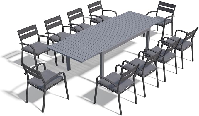 SUNSITT 11-Piece Outdoor Patio Dining Set, 63" - 105" Aluminum Expandable Outdoor Dining Table Set for 10, 10 Stackable Chairs with Gray Removable Cushions