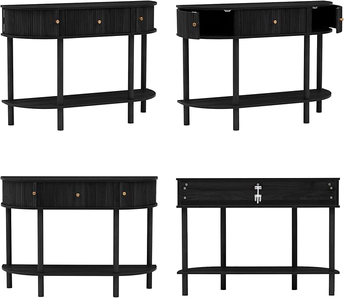 43.3“ Fluted Half Moon Console Table, Modern Entryway Console Sofa Table with Storage, Narrow Wood Accent Tables Behind Couch Tables for Living Room, Hallway, Foyer(Black)