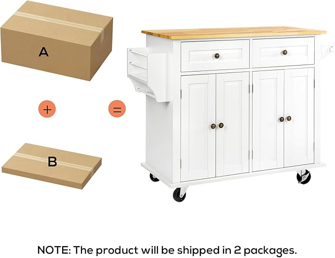 VOWNER Rolling Kitchen Island, Portable Kitchen Island with Storage, Floating Kitchen Cart with Spice Rack & Towel Rack, Drawer and Storage Cabinet, Isla para Cocina (White)