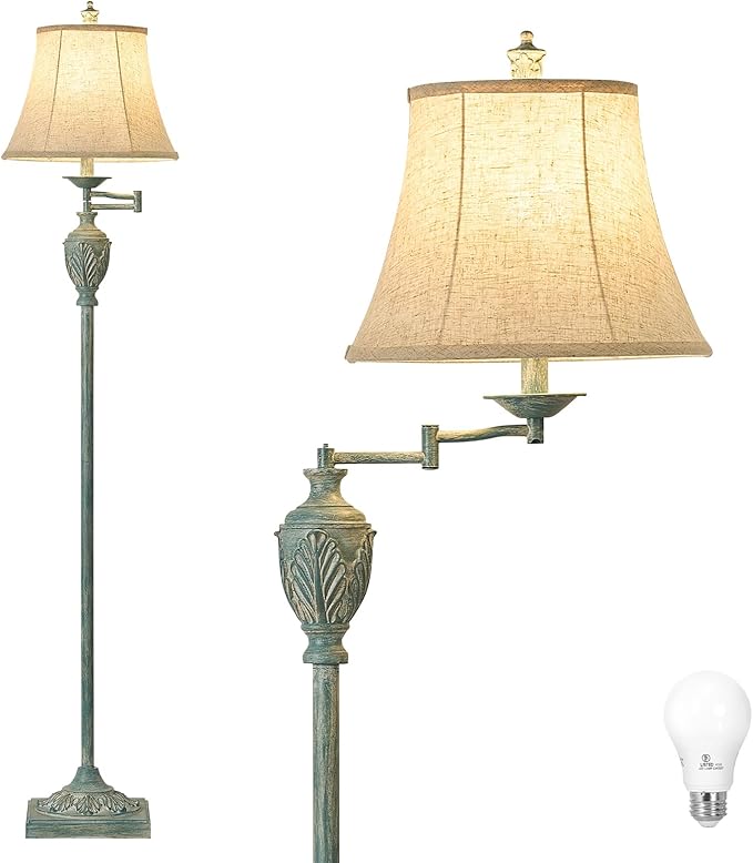 Traditional LED Floor Lamp with 350° Adjustable Swing Arm Lamp – Vintage Standing Pole lamp for Living Room, Bedroom and Office – Rustic Upright Floor Light for Home Décor with Faux Silk Fabric Shade