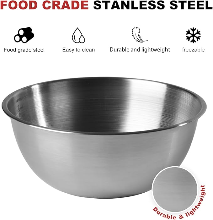 Stainless Steel Mixing Bowls, Three nested Large Mixing Bowls Stainless Steel with scale Perfect for Your Kitchen Needs Like Cooking,Baking, and Making Salads