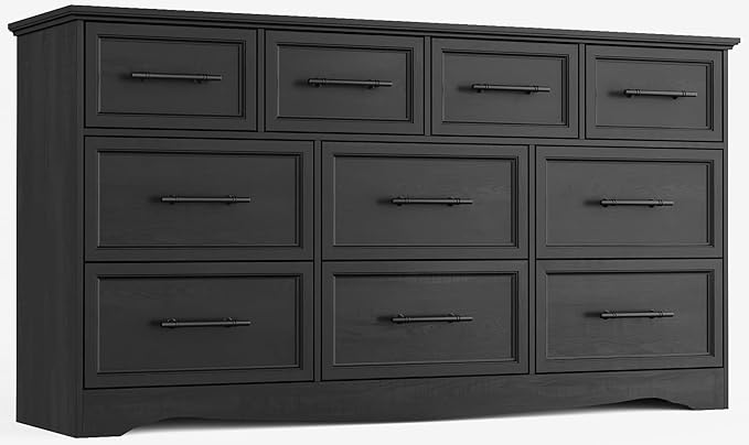 Black Dresser for Bedroom, 10 Drawer Dresser, 59" Wide Chest of Drawers w/Brushed Metal Handle, Wood Closet Organizers and Storage Cabinet for Bedroom, Living Room, Hallway