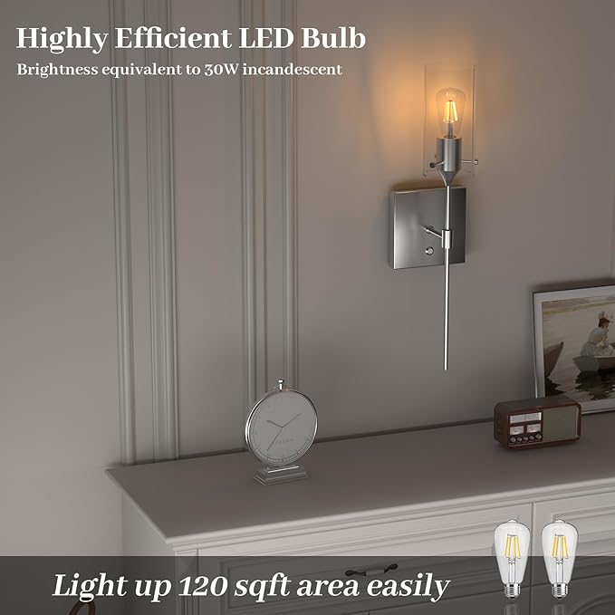 Dimmable Battery Operated Wall Sconce No Wired, Rechargeable Wall Light Fixture, Easy to Install Wireless Wall Mount Lamp for Living Room Bedside Hallway Lounge Mirror, Bulb Included