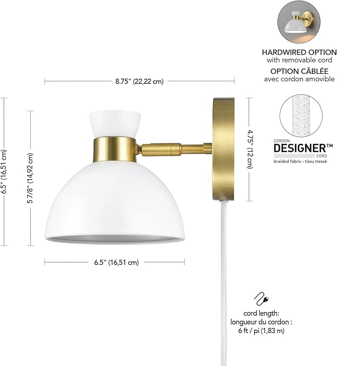 GLOBE Electric 65000099 1-Light Plug-in or Hardwire Wall Sconce, Matte Brass, Matte White Pivoting Metal Shade, 6ft Clear Cord, in-Line Rocker Switch, Wall Lights for Living Room, Bedroom, Den