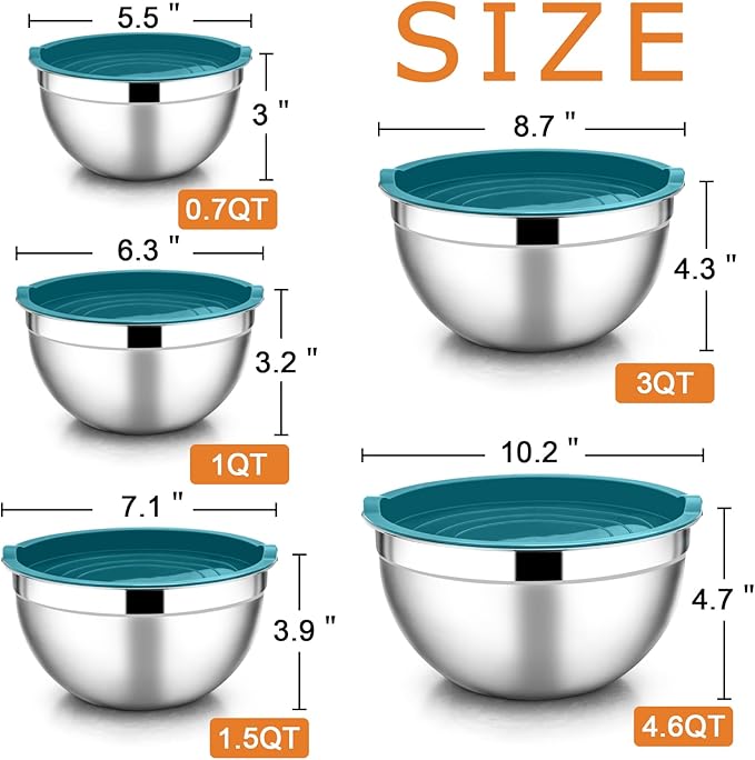 E-far Mixing Bowls with Teal Blue Lids Set of 5, Stainless Steel Mixing Bowls Metal Nesting Bowls with Airtight Covers for Cooking, Baking, Serving, Storage - Size 0.7/1/1.5/3/4.6QT - Dishwasher Safe