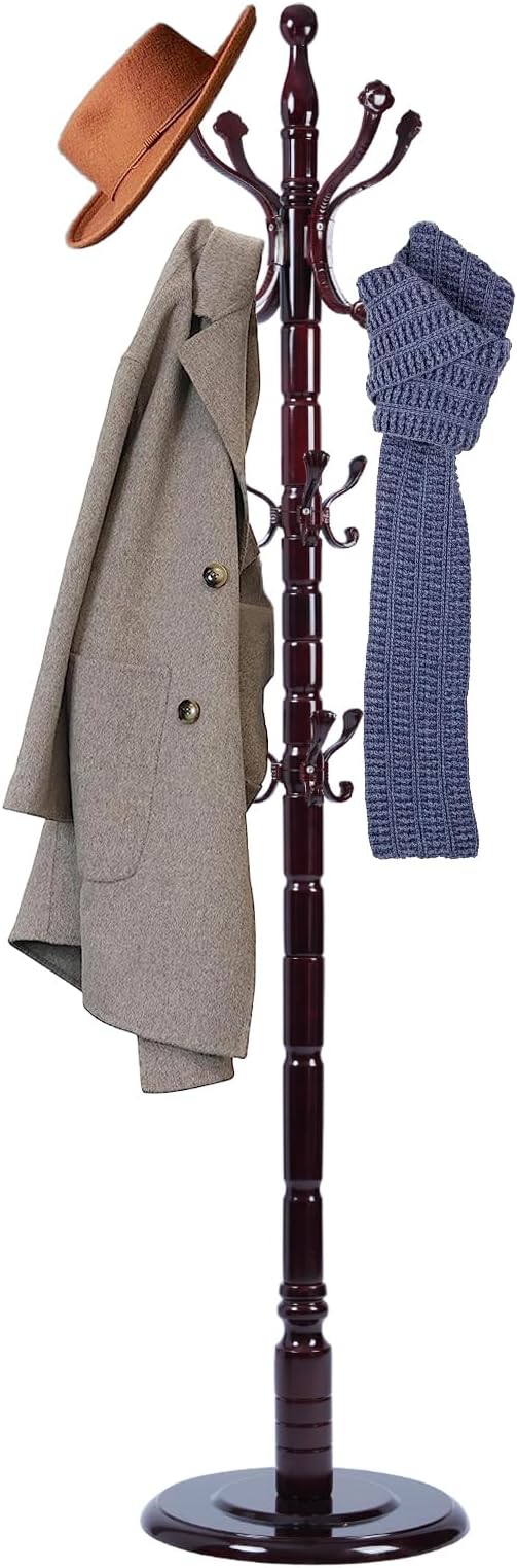 72 in Wood Coat Rack, Coat Rack Freestanding with Stable Round Base, Adjustable Height Tree Coat Racks Stand for Home Bedroom Office Hallway Entryway (Rosewood Ruyi Hook)