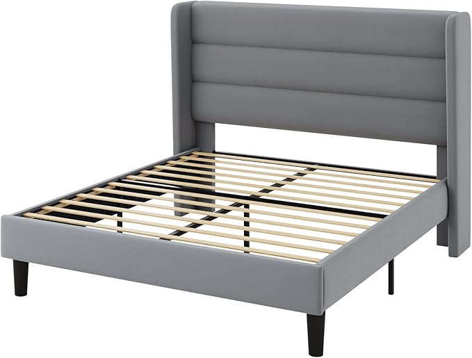 Allewie Queen Size Platform Bed Frame with Velvet Upholstered Wingback Headboard, No Box Spring Needed, Under Bed Storage Space, Strong Wooden Slats, Modern Mattress Foundation, Easy Assembly, Grey