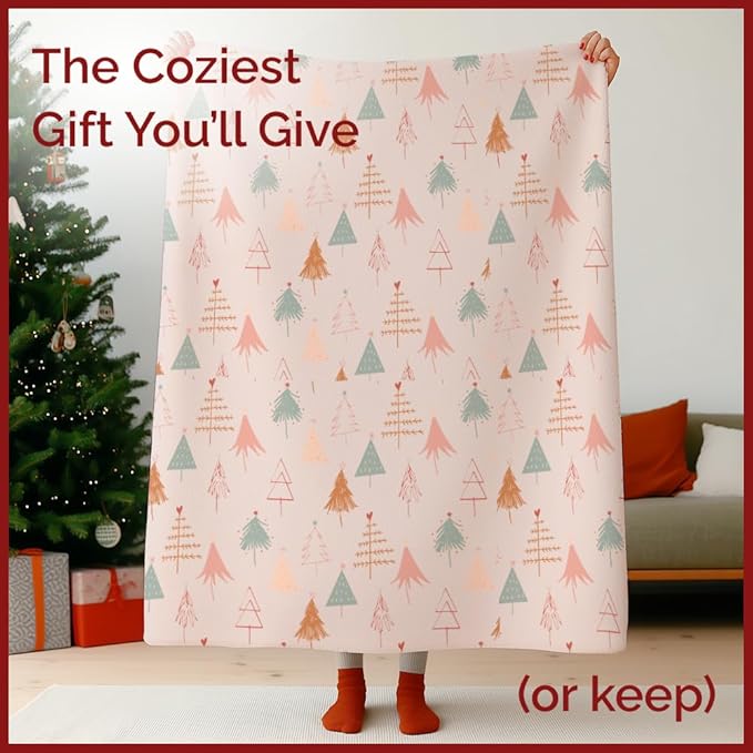 Christmas Sherpa Blanket Throw Size - Reversible Sherpa Fleece Blanket - Super Soft Double Sided Throw for Bed, Sofa, Couch - Thick, Cozy & Plush - Xmas Winter Bedding - Christmas Trees, Pink, 50x60