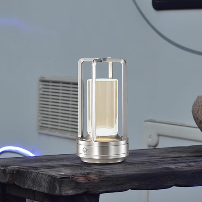 Portable Metal Table Lamp,Rechargeable Cordless LED Lamp for Indoor Outdoor, 3 Colour 4000MA Infinitely Dimming Battery Powered Small Desk Lamp, Restaurant Bedroom Bar Coffee Shop Camping Light-Silver