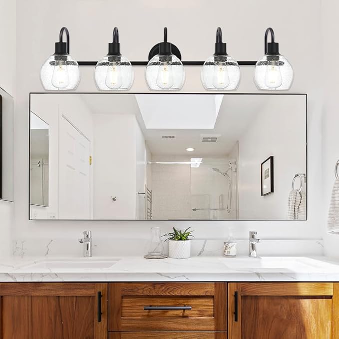 5-Lights Black Bathroom Vanity Light Fixtures Over Mirror, Modern Vanity Wall Sconce Lighting with Globe Seeded Glass Lampshades for Bedroom Kitchen Hallway