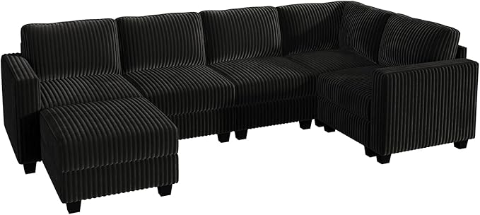 HONBAY Plush Corduroy Sectional Couch with 6 Seaters U-Shaped Modular Sectional Sofa with Storage Sectional Couches for Living Room, Black