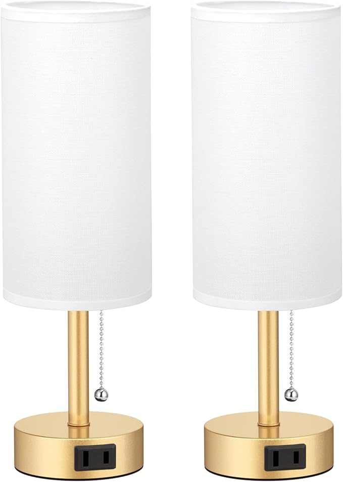 Gold Bedside Table Lamps Set of 2-3 Color Temperatures Pull Chain Lamp with AC Outlet Charging Port, Two Round Night Stand Lamps for Bedroom Office Living Room