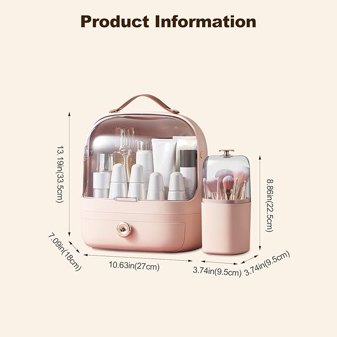 Ergocar Make Up Case Dustproof Cosmetics Skin Care Products Cosmetic Storage Box, Multi-Function Jewelry Organizer Case - Pink + Brush Holder