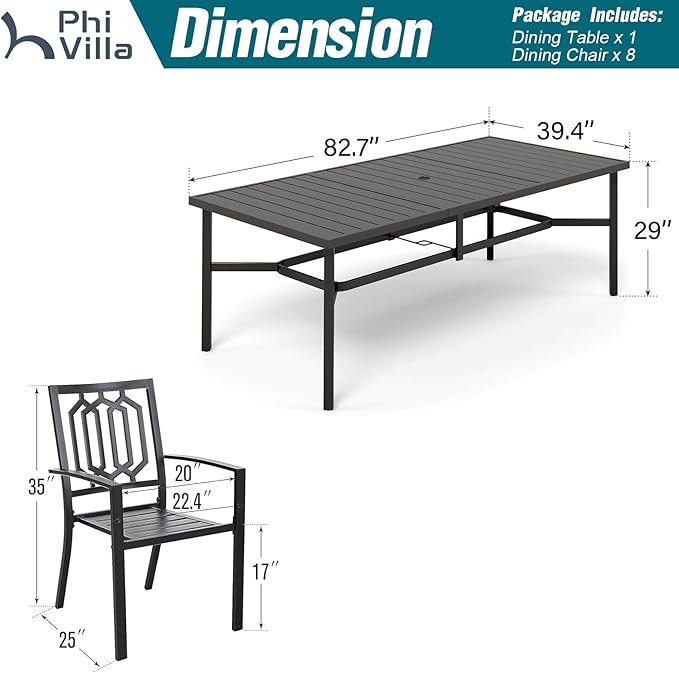 PHI VILLA 9 Pieces Outdoor Dining Set for 8, Rectangular Metal Steel Table with Umbrella Hole & Stackable Wrought Iron Chairs, Large Dining Furniture for Patio, Deck, Yard, Porch