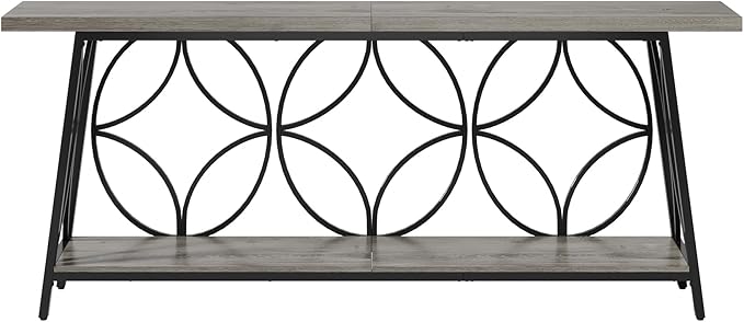 70.9-Inch Sofa Table, 2-Tier Narrow Console Table with Storage for Entryway, Living Room, Hallway, Foryer, Geometric Pattern Design (Grey)