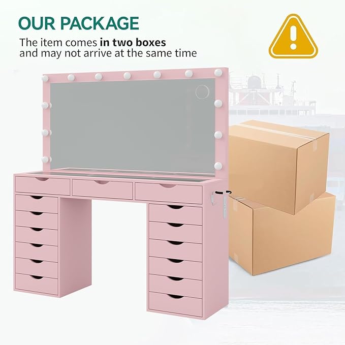 15 Drawers Vanity Desk with Power Outlet, Makeup Table with Mirror and 13 LED Lights, 3 Color Lighting Modes, Brightness Adjustable, Glass Top Dressing Table, Vanity Set for Bedroom, Pink