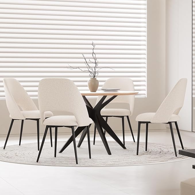 Kidol & Shellder 45.2" Round Dining Table Set for 2-4 People Modern MDF Wooden Dining Room Round Table with X-Shaped Metal Base Kitchen Table(Natural Table+4pcs Beige Chairs)