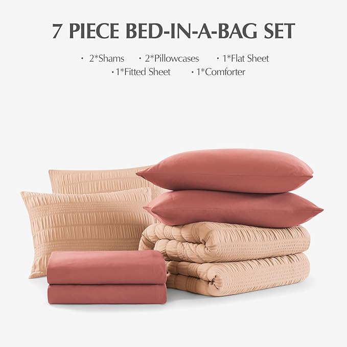 CASAAGUSTO Queen Comforter Set, 7 Pieces Pink Seersucker Bed in a Bag Queen Size Soft All Seasons, Bedding Sets with Comforter, Flat Sheet, Fitted Sheet, 2 Pillow Shams, 2 Pillowcases