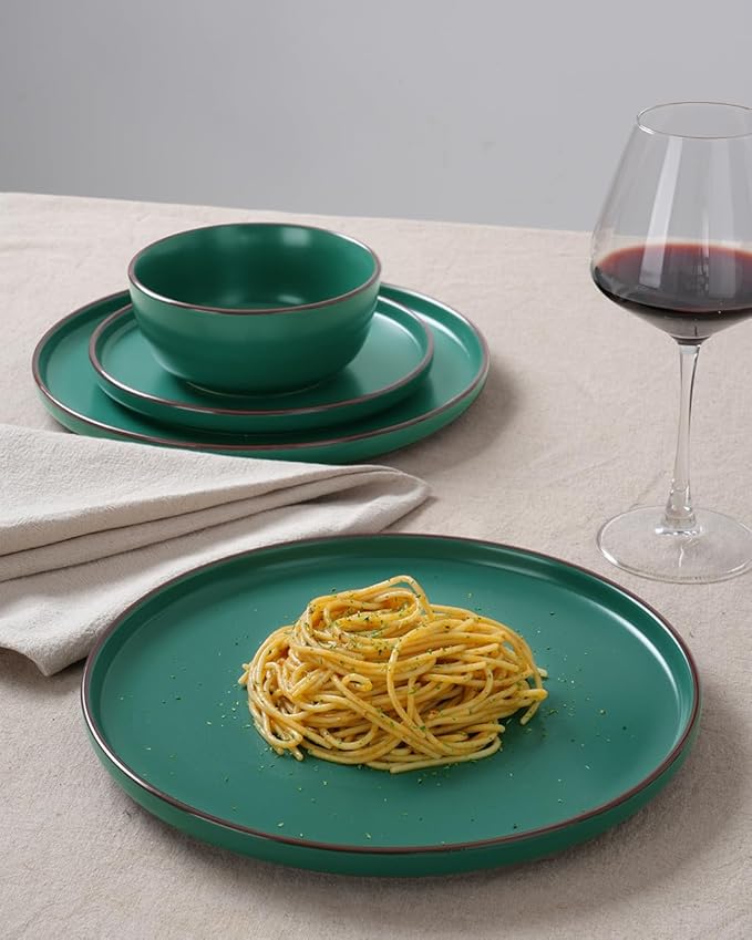 Famiware Mercury Plates and Bowls Sets, 18 Pieces Stoneware Dinnerware Sets, Dishes Set for 6, Microwave and Dishwasher Safe, Dark Green