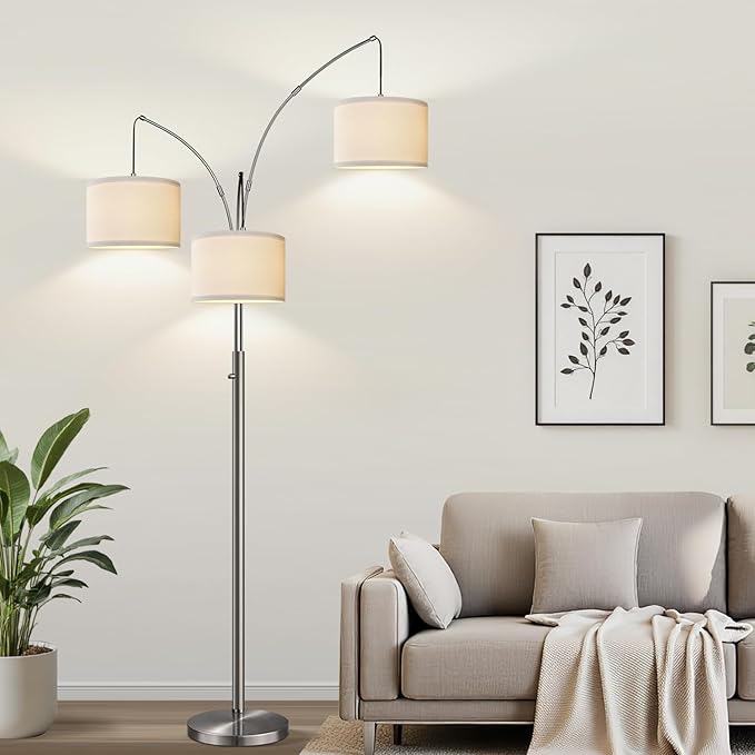 Nintiue Dimmable Floor Lamp - 3 Lights Brushed Nickel Arc Floor Lamps for Living Room,1000LM Modern Tall Standing Lamp with White Shades,Mid Century Tree Floor Lamp for Bedroom,3 LED Bulbs Included
