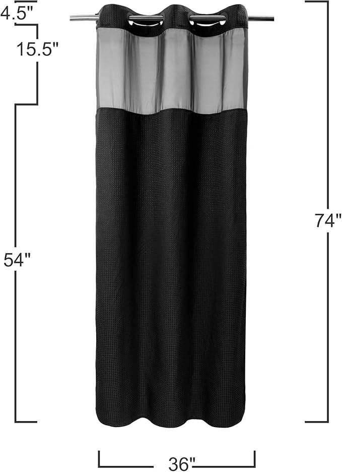 River Dream Stall Heavyweight No Hooks Required Dotted Waffle Weave Shower Curtain with Snap in Liner - 36W x 74H,Hotel Grade,Spa Like Bath Curtain,Graphite Black