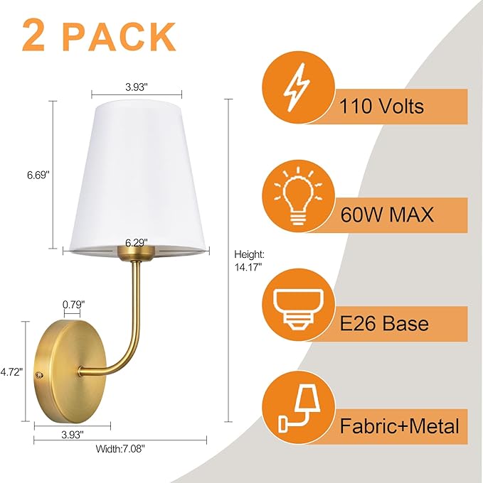 Antique Brass Hardwired Wall Sconce Set of 2 - Matte Gold Finish with White Fabric Shades,Bedroom Lighting, Living Room, Farmhouse, Fireplace, Hallway, Bedside Lamp,bathroom Hardwired Wall Lights