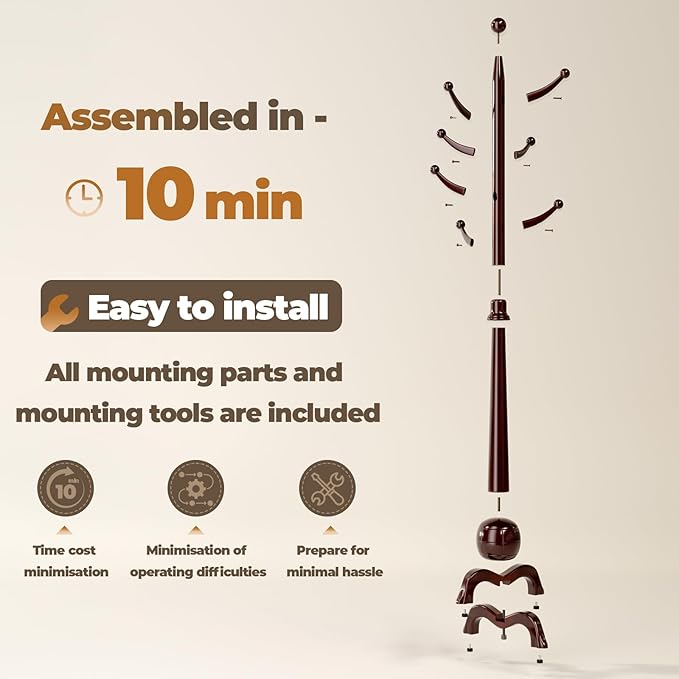 Wood Coat Rack Freestanding, Solid Wooden Hall Tree with 8 Hooks, Coat Tree Freestanding Heavy Duty with Stable Base, Entryway Hallway Bedroom Office Use, 240lbs Load Capacity H:71.6in (Black-Red)