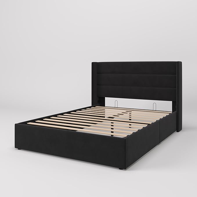 SHA CERLIN Queen Size Lift Up Storage Bed/Velvet Upholstered/Modern Wingback Headboard/Upholstered Platform Bed Frame/Hydraulic Storage/No Box Spring Needed/Black