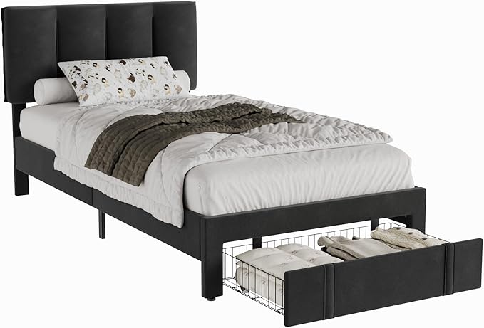 VECELO Twin Size Bed Frame with Storage Drawer, Heavy-Duty Platform Bedframe with Headboard & Strong Wooden Slats Support, No Box Spring Needed, Black