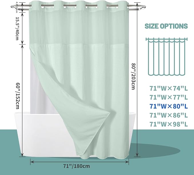 MintGreen Long No Hook Waffle Weave Shower Curtain with snap-in Liner Replacement, 230GSM Waterproof Fabric Hotel Shower Curtain Set for Bathroom, Through Mesh Top Window,71Wx80H
