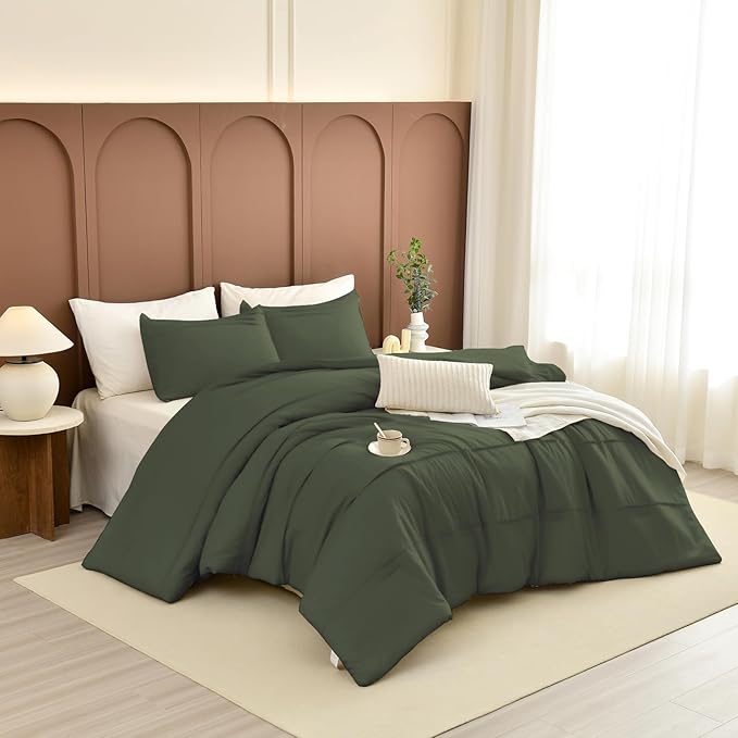 Sanracie Cotton Comforter Set Queen Size(90"x 95"),Olive Green Color Pinch Pleated Bed Comforter for All Season,3Pcs Soft Breathable Bedding Comforter Sets