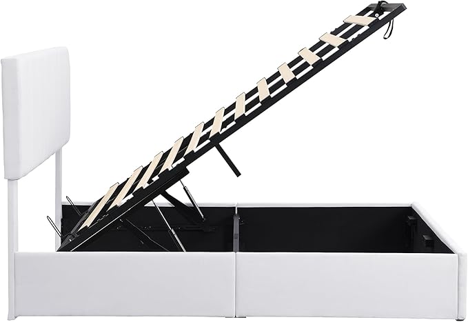 Full Size Bed Frame with Headboard, Elegant Linen Upholstered Platform Bed with a Hydraulic Storage System, Linen Fabric Backrest and Pine Wood Slats, No Box Spring Needed, White