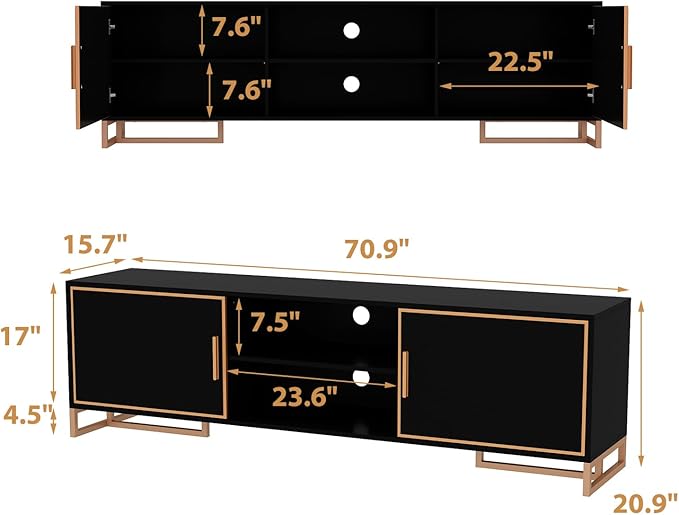 AIEGLE Modern TV Stand for 75+ Inch TVs, 70.9" W Entertainment Center with 2 Doors & Cable Management, Media Console Cabinet, Dark