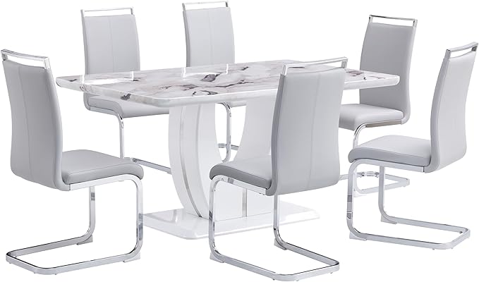 Dining Table Set for 6, Kitchen Table Chairs Set of 6, Modern Dining Room Set with 63 inch Marble Dinner Table PU Leather Upholstered Chairs for Dining Room Kitchen