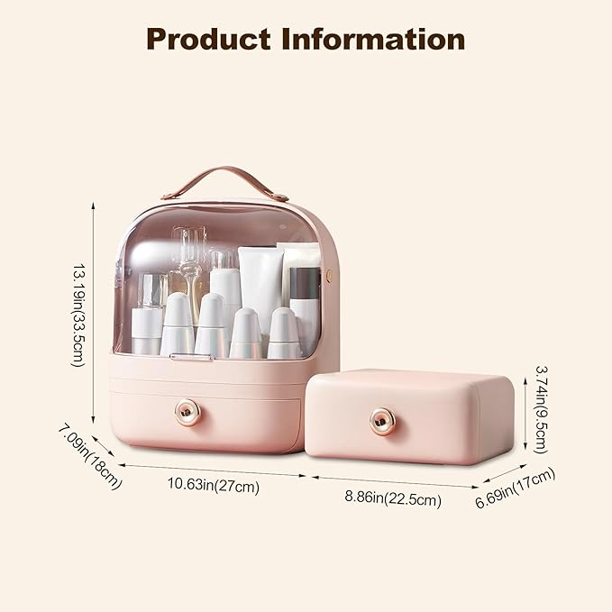 Ergocar Make Up Case Dustproof Cosmetics Skin Care Products Cosmetic Storage Box, Multi-Function Jewelry Organizer Case - Pink + Drawer