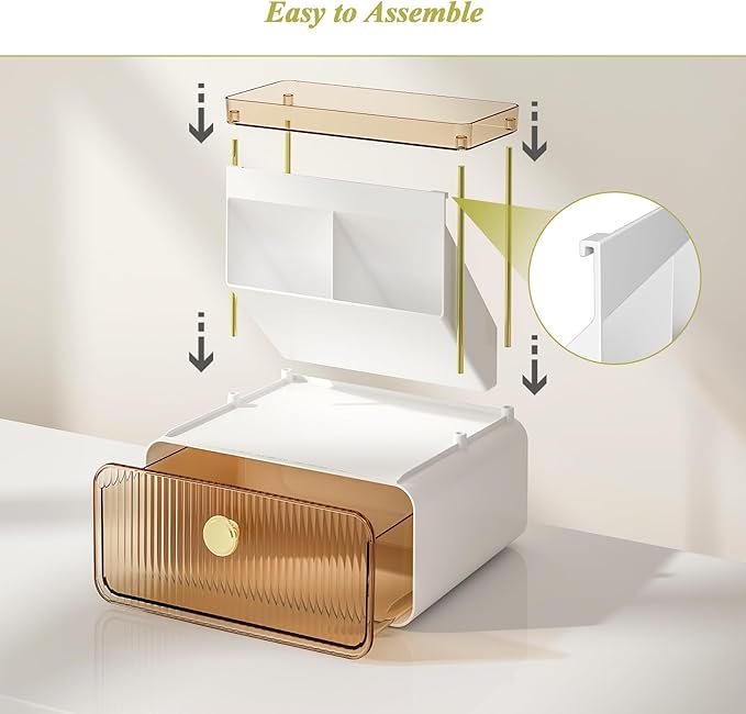 FOLLOWIN 3 Tiers Makeup Organizer with Drawer,Cosmetic Display with Lipsticks Brush Holder,Cosmetics and Beauty Supplies Organizers for Vanity,Dresser,Bathroom Desktop Countertop Organizer,Amber