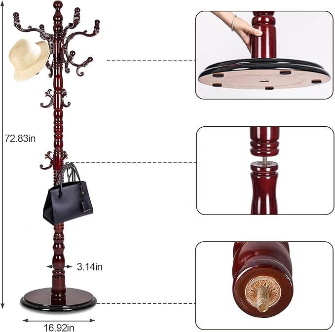 Coat Racks freestanding, High-grade Wooden Tree Coat Rack, Coat Rack Stand With 14 Hooks & Stable Disc Base, For such as coats, jackets, Home Office Hats Tree Hanger (black red)
