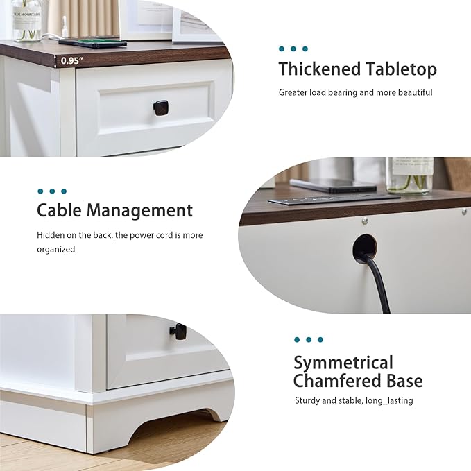 LIDYUK 3 Drawer White Dresser for Bedroom Farmhouse Dresser Chest of Drawers, 25" Tall Nightstand with Charging Station Chest of Drawers for Bedroom, Living Room