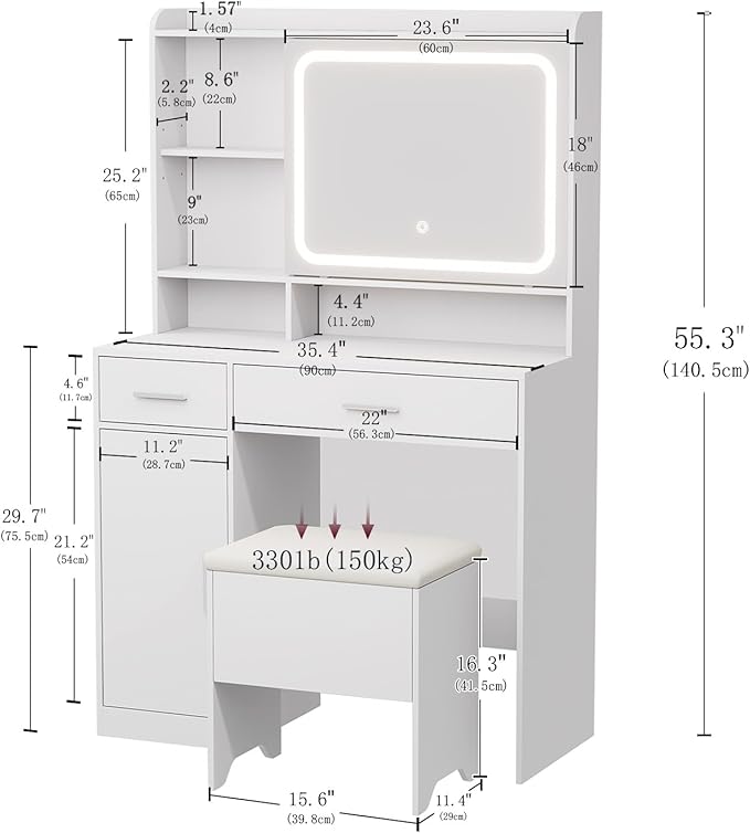 Vanity Desk with Sliding Mirror & Power Outlets - Dimmable LED Lighting, 4 Open Shelves, 2 Drawers, 1Storage Cabinet & Padded Stool - Ideal Bedroom Makeup Dressing Table (White)