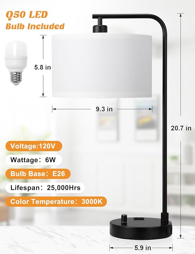White Side Table Lamp with USB Port and Outlet, Dimmable Nightstand Bedside Lamps with Linen Lampshade, Desk Lamp for Bedroom, Living Room, Guest Room, Home Office, LED Bulb Included