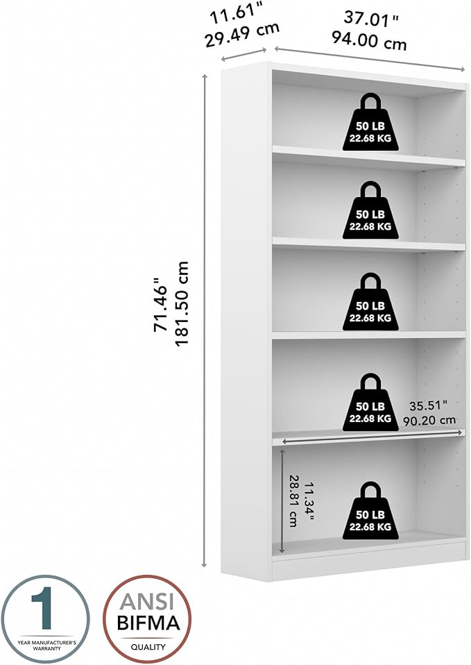 Bush Furniture Universal Tall 5 Shelf Bookcase in White, Vertical Storage and Display Bookshelf for Home Office or Living Room Organization