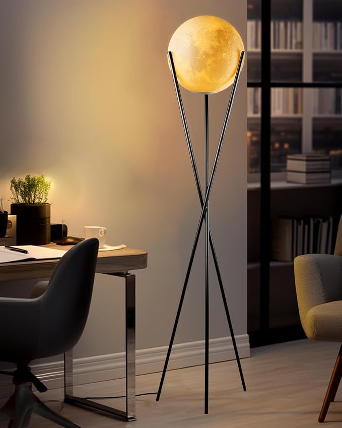 Lightdot 66" Globe Moon Floor Lamp for Living Room Modern Black Tripod Floor Lamp with 3D Printing Frosted Shade E26 300K Bulbs Included Mid Century Tall Pole Lamp for Bedroom Office