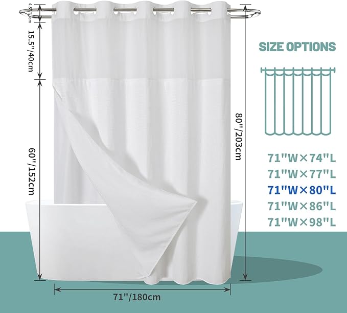 White Long No Hook Waffle Weave Shower Curtain with snap-in Liner Replacement, 230GSM Waterproof Fabric Hotel Shower Curtain Set for Bathroom, Through Mesh Top Window,71Wx80H
