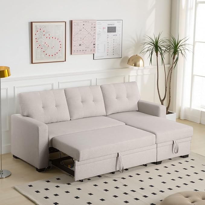 L-Shape Sofa Bed, 82" Sectional Couch with Storage Chaise, Pull Out Sleeper Sofa with Removable Back Cushions, Convertible Corner Couch for Living Room Apartment, Beige