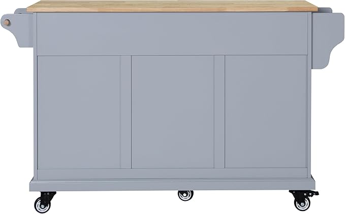 Generic 60.5"" Kitchen Island on Wheels, Rolling Island Table for Kitchen with Double Storage Cabinet and 5 Drawers, Portable Kitchen Cart with Rubber Wood Top, Grey, Large