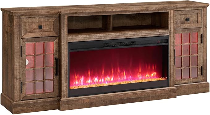 JXQTLINGMU Fireplace TV Stand for 80 Inch TV, Farmhouse Highboy Entertainment Center w/LED Lights & 36" Electric Fireplace, Large Media Console w/Glass Door Cabinet & Storage Drawer, Light Brown