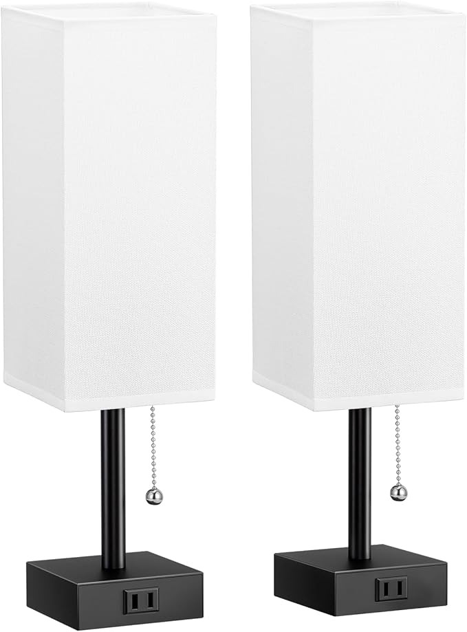 White Bedside Lamps for Bedroom Set of 2 - Small Rectangular Nightstand Lamp with AC Outlet Charging Port, 3 Color Temperatures Desk Light with Bulb, Tabletop Reading Lamp for Living Room/Dorm/Office