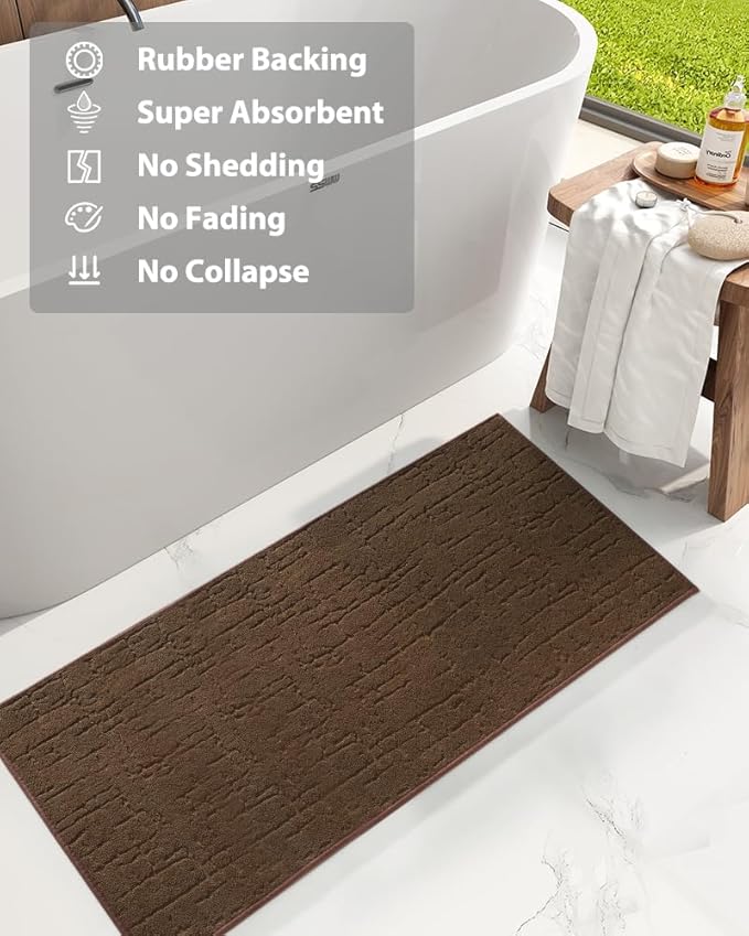 AMOAMI-Bath Mat-Absorbent Quick Dry Bathroom Floor Mats-Washable Rubber Backing Bath Mats for Bathroom Rugs Fit Under Door-Bath Rug for in Front of Sink Bathtub Shower Room, Chocolate 17''x59''