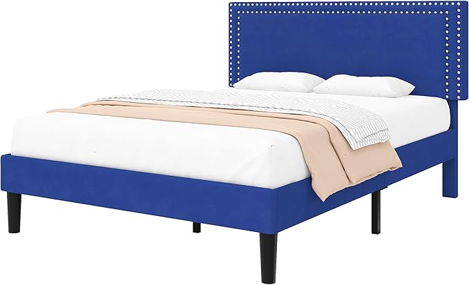 VECELO Bed Frame Full Size with Adjustable Upholstered Headboard, Wooden Slats Platform, Noise-Free Design, Easy Assembly
